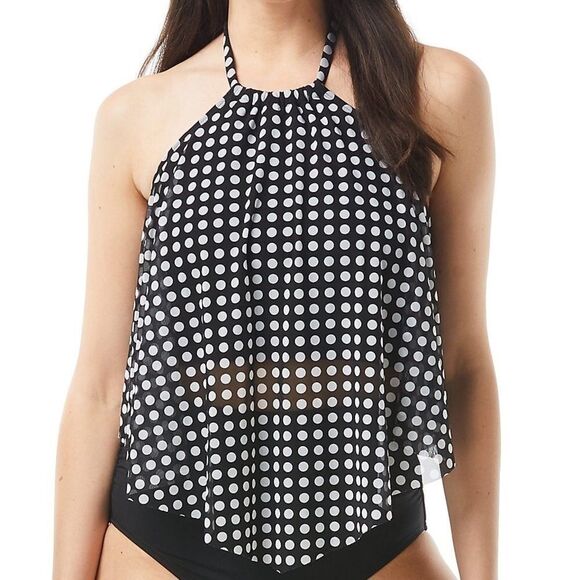 COCO REEF Riviera Dot Aura Mesh Ruffle Crop Tankini Swimsuit Bikini Black 34DD - Picture 12 of 15